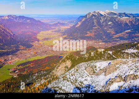 Bavarian alps and Garmisch Partenkirchen from above, Zugspitze massif, Bavaria, Germany Stock Photo