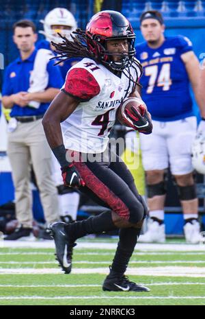 San Diego State wide receiver Josh Nicholson (85) runs up field during the  second half of an NCAA college football game against Utah Saturday, Sept.  17, 2022, in Salt Lake City. (AP