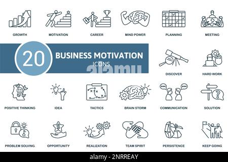 Business Motivation icon outline set. Line Business Motivation icon collection. Growth, Motivation, Career, Mind Power, Planning, Opportunity Stock Vector