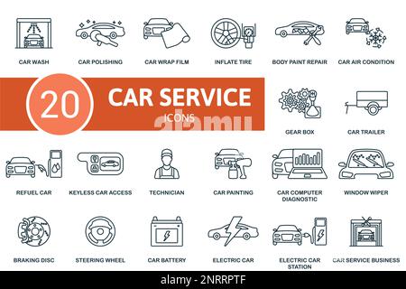 Car Service icon outline set. Line Car Service icon collection. Car Wash, Polishing, Wrap Film, Inflate Tire, Body Paint Repair, Steering Wheel, Car Stock Vector