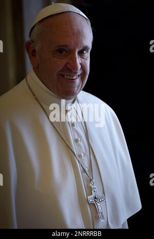 March 13, 2023 marks 10 years of Pontificate for Pope Francis. in the picture : Pope Francis meets President of Macedonia's Parliament Trajko Veljanoski , Vatican, Italy - 16 May 2016 Stock Photo