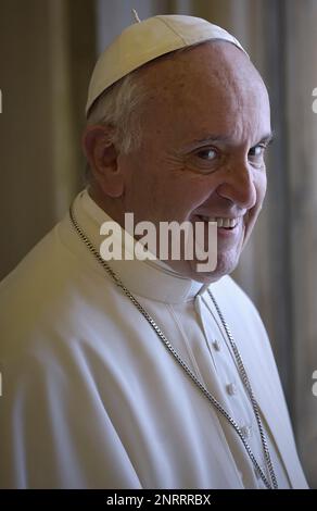 March 13, 2023 marks 10 years of Pontificate for Pope Francis. in the picture : Pope Francis meets President of Macedonia's Parliament Trajko Veljanoski , Vatican, Italy - 16 May 2016 Stock Photo