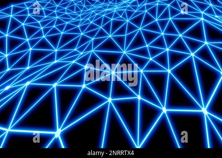 Geometric wireframe of lines and neon dots plexus node connection type 3D background Stock Photo
