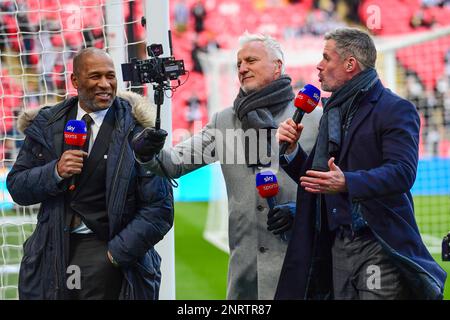 Manchester, UK. 26th Feb, 2023. Sky TV presenters Les Ferdinand, David Ginola and Jamie Carragher enjoy a light hearted moment before the Carabao Cup Final match between Manchester United and Newcastle United at Old Trafford on February 26th 2023 in Manchester, England. (Photo by Jeff Mood/phcimages.com) Credit: PHC Images/Alamy Live News Stock Photo