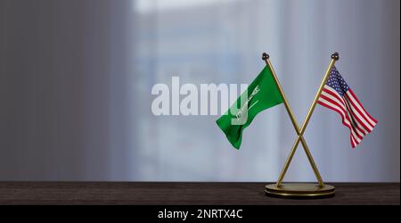 Saudi Arabia and USA flags on table. Negotiation between Saudi Arabia and United States. on little blur background. 3D work and 3D image Stock Photo