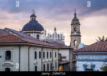 Calle 11 or 11 Street, in background Catedral Primada or cathedral, skyline, historic center, old town, Bogota, Colombia Stock Photo