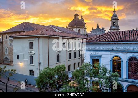 Calle 11 or 11 Street, in background Catedral Primada or cathedral, skyline, historic center, old town, Bogota, Colombia Stock Photo