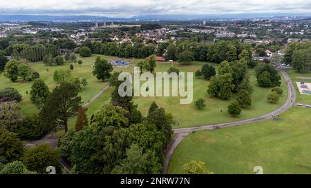 Ariel view of Rouken Glen Park and the are of Giffnock,  East Renfrewshire. Scotland Stock Photo