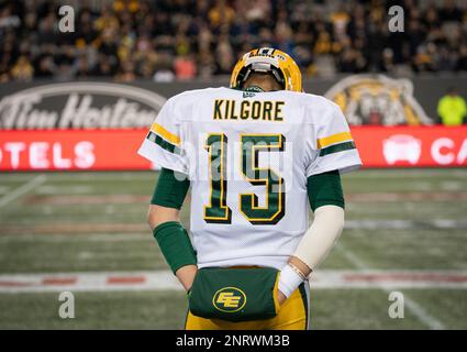 MONTREAL, QC - NOVEMBER 10: Look on Edmonton Eskimos quarterback Logan  Kilgore (15) at warm-up beofre the Edmonton Eskimos versus the Montreal  Alouettes eastern semi-final game on November 10, 2019, at Percival