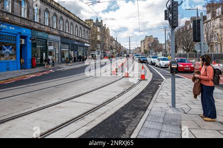 Nearly completed tram line extension at Foot of Leith Walk, Edinburgh, Scotland, UK Stock Photo