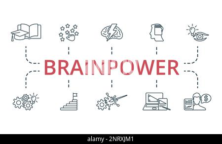 Brainpower icon set. Monochrome simple Brainpower icon collection. Education, Opportunities, Mind Power, Momery, Vision, Development, Target, Creative Stock Vector