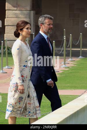 New Delhi, India. 27th Feb, 2023. Denmark's Crown Prince Frederik Andre Henrik Christian (R) and Crown Princess Mary Elizabeth (Left) arrives to lay a wreath at the Mahatma Gandhi memorial at Rajghat in New Delhi. Danish Crown Prince and Princess arrive for an official visit in New Delhi, India from February 26-March 2. The visit is the first ever from the Danish Royal family in two decades. Credit: SOPA Images Limited/Alamy Live News Stock Photo