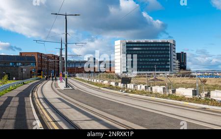 Nearly completed tram line extension on Ocean Drive, Leith, Edinburgh, Scotland, UK Stock Photo