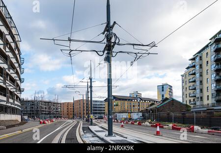 Nearly completed tram line extension at Newhaven, Leith, Edinburgh, Scotland, UK Stock Photo