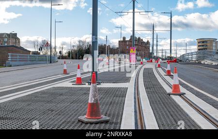 Nearly completed tram line extension at Newhaven, Leith, Edinburgh, Scotland, UK Stock Photo