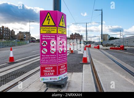 Nearly completed tram line extension at Newhaven, Leith, Edinburgh, Scotland, UK Stock Photo