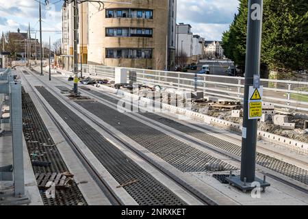 Nearly completed tram line extension at Newhaven, Leith, Edinburgh, Scotland, UK Stock Photo