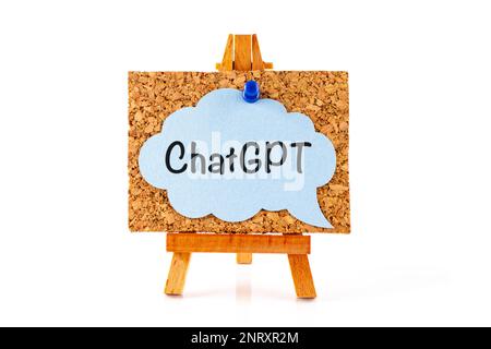 A blue speech bubble with word ChatGPT on a corkboard on a wooden easel. White background Stock Photo
