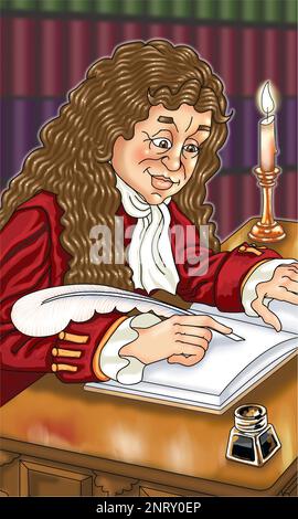 Art illustration showing young Samuel Pepys writing his diary with quill pen Pepys was an English diarist, naval administrator & member of parliament. Stock Photo