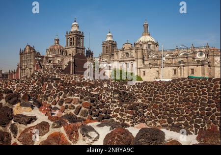 The Aztecs Ruins of Templo Mayor, Archaeological Site, in backgroubd The Metropolitan Cathedral, historic center, Mexico City, Mexico Stock Photo