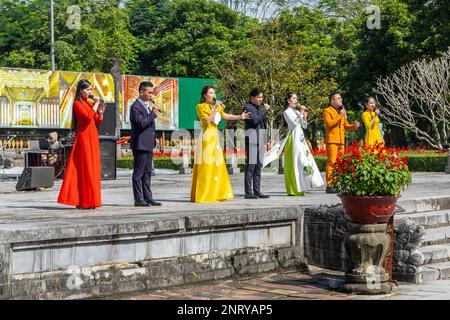 Singers performing for Tet at the Imperial Palace, Hue, Vietnam. Stock Photo