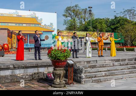 Singers performing for Tet at the Imperial Palace, Hue, Vietnam. Stock Photo