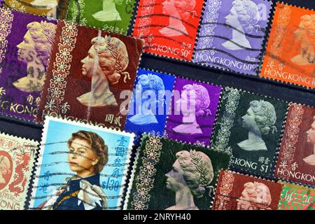 Cancelled postage stamp printed by Hong Kong, that shows Queen Elizabeth, circa 1960-1980. Stock Photo
