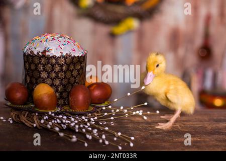 Easter decorated interior with colorfull eggs and ducklings Stock Photo