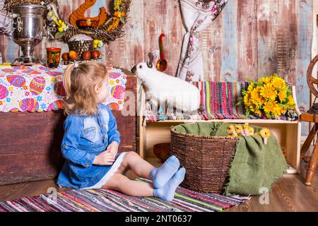 Easter decorated interior with colorfull eggs and ducklings Stock Photo