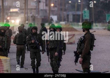 Huwara. 27th Feb, 2023. Israeli military forces are deployed at the town of Huwara after settlers set houses and cars on fire following the death of two Israelis when their vehicle was fired on at a crossroads south of the Palestinian city of Nablus. Credit: Ilia Yefimovich/dpa/Alamy Live News Stock Photo