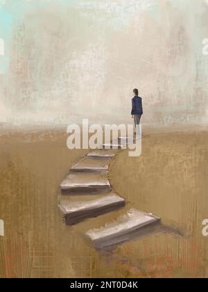 Man standing at the end of some stairs on a textured background. Digital hand painted illustration. Stock Photo