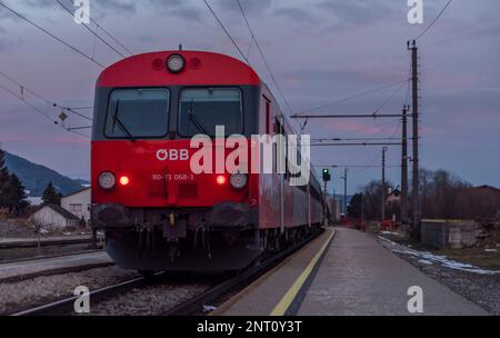 Austria red fast nice passenger trains in Micheldorf station 02 11 2023 Stock Photo