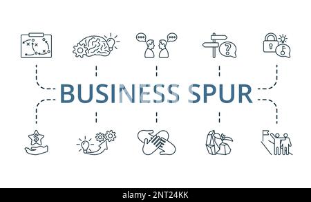 Business Spur icon set. Monochrome simple Business Spur icon collection. Tactics, Brain Storm, Communication, Solution, Problem Solving, Opportunity Stock Vector
