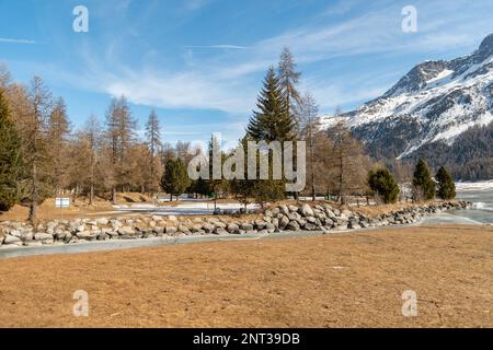 Silvaplana, Switzerland, February 21, 2023 Incredible beautiful winter panorama at the lake of Silvaplana Stock Photo