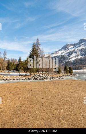 Silvaplana, Switzerland, February 21, 2023 Incredible beautiful winter panorama at the lake of Silvaplana Stock Photo