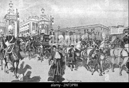 Accession of King Alfonso XIII to the throne. The royal procession is heading towards the cathedral. Illustration from 1902. Stock Photo