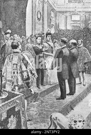 Accession of King Alfonso XIII to the throne. Taking the oath by King Alfonso XIII of allegiance to the constitution in the presence of the president and deputies. Illustration from 1902. Stock Photo