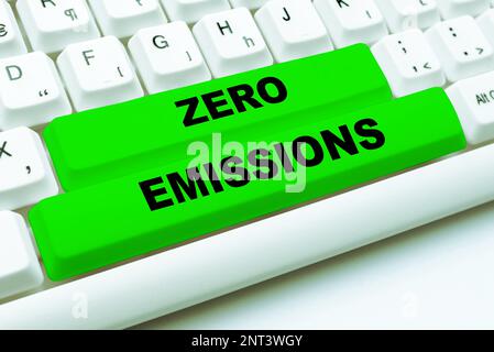 Hand writing sign Zero Emissions. Word for emits no waste products that pollute the environment Stock Photo