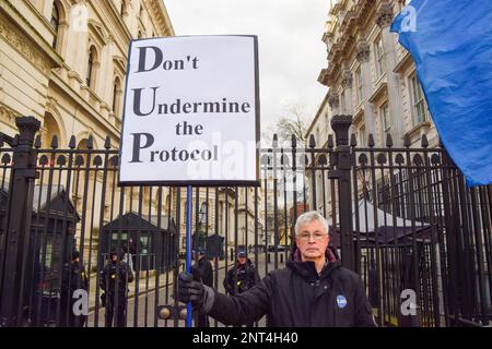 London, UK. 27th Feb, 2023. An anti-Brexit activist holds a placard in support of the Northern Ireland Protocol during the demonstration outside Downing Street. This Demonstration comes following UK Prime Minister Rishi Sunak and President of the European Commission Ursula von der Leyen meeting in Windsor to sign a new Brexit deal on Northern Ireland. Credit: SOPA Images Limited/Alamy Live News