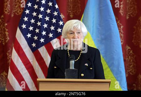 KYIV, UKRAINE - FEBRUARY 27, 2023 - US Treasury Secretary Janet Yellen speaks to the students of school no. 168 of the Obolon district, capital of Ukraine. Stock Photo