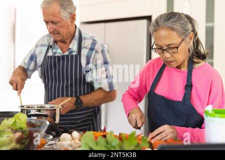 Happy senior diverse couple cooking dinner in kitchen Stock Photo