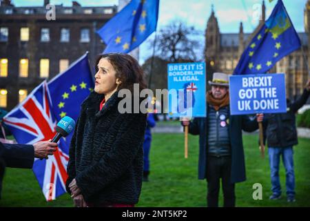 London, UK. 27th Feb, 2023. Theresa Villiers, former Secretary of State for Environment, Food and Rural Affairs and Conservative MP Chipping Barnet, in College Green for media interviews. Ministers and MPs are out and about in Westminster following an earlier cabinet meeting and prior to PM Rishi Sunak presenting the deal with the EU on post-Brexit trading arrangements in Northern Ireland to Parliament Credit: Imageplotter/Alamy Live News Stock Photo