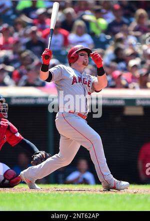 Los Angeles Angels right fielder Kole Calhoun (56) hits his 25th home run in the seventh inning against the Cleveland Indians during a MLB baseball game in Cleveland, Sunday, August 4, 2019. The Indians defeated the Angels 6-2.(George Kubas/Image of Sport via AP)