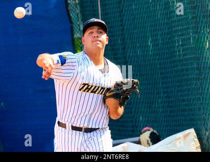 July 30, 2019, Trenton, New Jersey, U.S: Pitching coach TIM NORTON watches  pitcher GREG WEISSERT of the Trenton Thunder warming up in the bullpen  before a game vs. the Altoona Curve. There