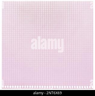 Checked spiral notebook page paper background, old aged pink chequered ring binder sheet flat lay copy space, horizontal squared pattern maths notepad Stock Photo
