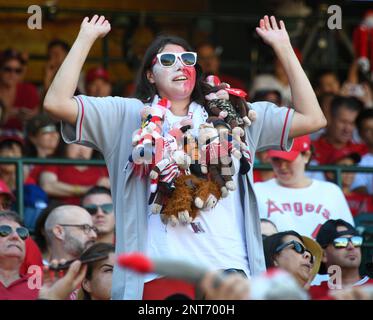 A fan wears a shirt with the face of Los Angeles Angels' Shohei Ohtani  before a baseball game against the Seattle Mariners, Wednesday, April 5,  2023, in Seattle. (AP Photo/Lindsey Wasson Stock