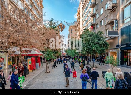 The east section of Ermou street, a pedestrian, busy shopping street in the center of the city., in Athens, Greece. Stock Photo