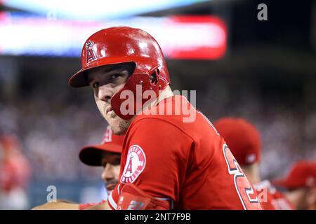 May 17, 2019: Los Angeles Angels center fielder Mike Trout (27) walks in  the outfield during pregame before the game between the Kansas City Royals  and the Los Angeles Angels of Anaheim