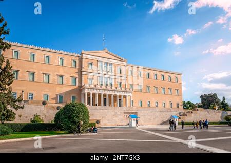 The Hellenic (Greek) Parliament located in the Old Royal Palace, overlooking Syntagma Square, in Athens, Greece. Stock Photo