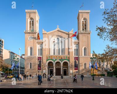 The facade of the Metropolitan Cathedral of the Annunciation in Mitropoleos Square, Athens, Greece. Stock Photo